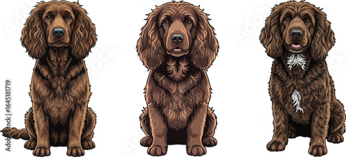 American Water Spaniel dog sitting front view profile illustration