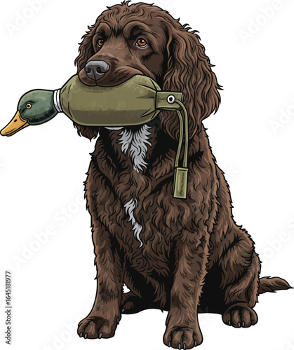 American Water Spaniel dog holding a duck dummy in mouth 