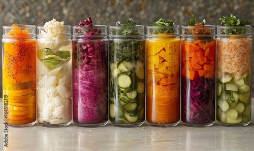 Vibrant collection of assorted fermented foods displayed in clear glass jars, featuring a colorful array of textures and hues from vegetables and fruits. The image highlights the health, Generative AI