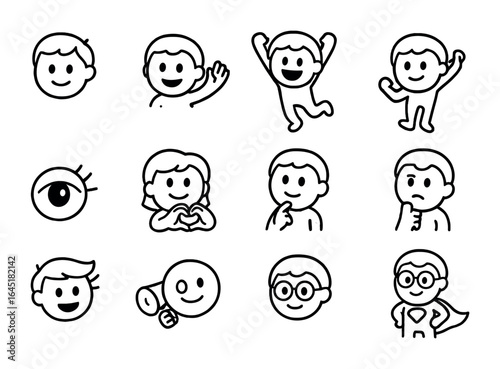 Fun Character Stickers. Outline icon set of fun character stickers: cartoon head, waving icon, jumping icon,