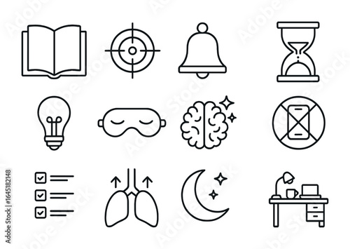 Mental Clarity Icons. Outline icon set of mental clarity: open book, focus icon, mindfulness bell, hourglass,