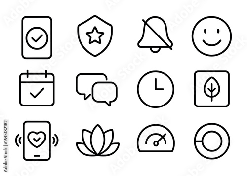 Digital Sobriety Icons. Outline icon set of digital sobriety tools: sober tracking app, streak badge,