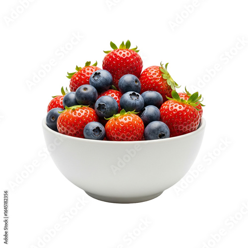 Bowl of fresh strawberries and blueberries, clean white background