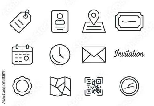 Event Icon Set. Outline icon set of event invitation labels: RSVP tag, guest name, venue address, event title,