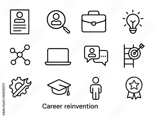 Career Icons Grid. Outline icon set of career reinvention: resume, job search icon, briefcase, lightbulb idea,