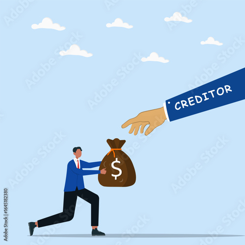 Businessman handing over a money bag to hand of creditor. Symbolizing debt repayment, financial obligation, and loan settlement.