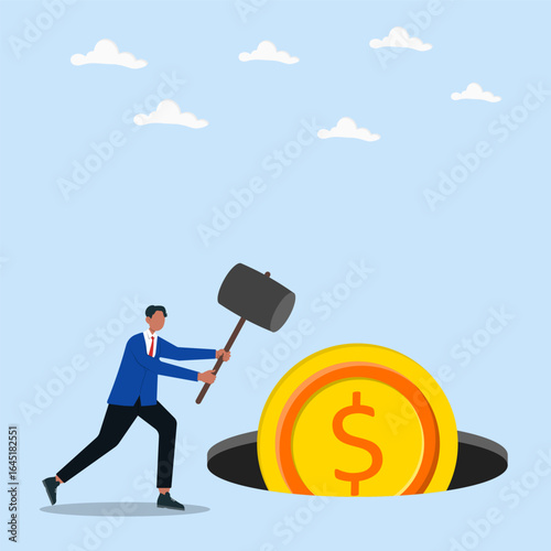 Businessman hitting a big coin with a hammer. Concept of financial crisis, money loss, bad investment, bankruptcy, economic downfall, and business failure.