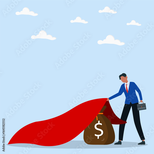 Businessman revealing hidden money bag under red cloth. Concept of financial discovery, investment opportunity, and wealth unveiling.