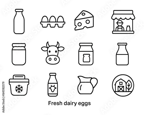 Dairy and Eggs Icons. Outline icon set of fresh dairy and eggs: milk bottle, egg carton, cheese wedge, butter