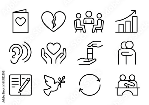 Relationship Recovery Icons. Outline icon set of relationship recovery: apology card, broken heart, couple