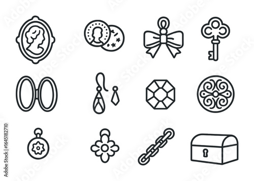 Antique Jewelry Icons. Outline icon set of antique market finds for jewelry: vintage cameo, old coins, broken