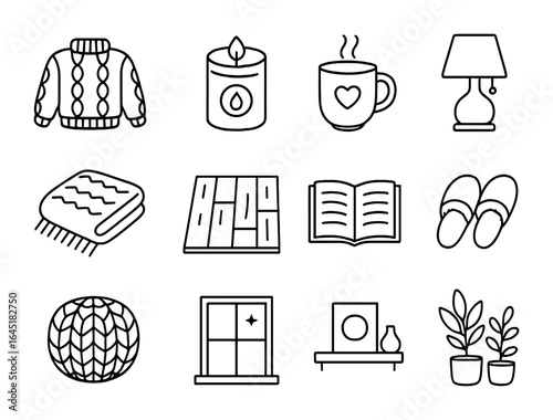 Hygge Lifestyle Icons. Outline icon set of hygge lifestyle elements: knit sweater, scented candle, warm tea,
