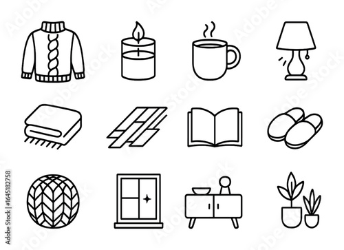 Hygge Lifestyle Icons. Outline icon set of hygge lifestyle elements: knit sweater, scented candle, warm tea,