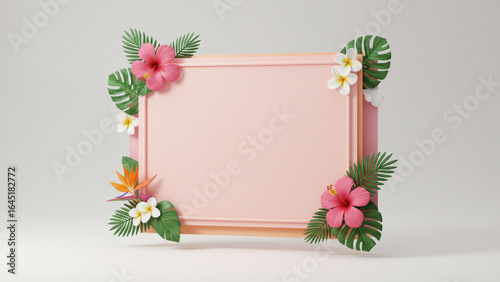 Tropical Floral Frame with Blank Pink Space for Text - Elegant Summer Border Design