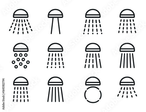 Water Flow Icon Set. Outline icon set of water flow types: mist spray, power jet, rain stream, bubble mode,