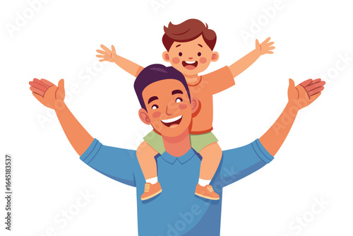 A father carrying his son on his shoulders isolated on white background