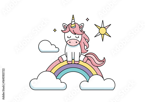A cute unicorn sitting on a colorful rainbow surrounded by fluffy clouds and a shining sun