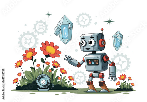 Cute cartoon robot exploring a magical garden with glowing crystals and colorful flowers