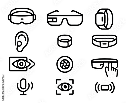 Wearable AR Device Icons. Outline icon set of wearable AR devices: AR headset, smart glasses, wristband,
