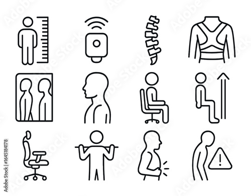 Posture Correction Icons. Outline icon set of postural correction therapy: alignment chart, posture sensor,