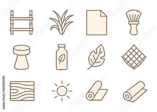 Minimalist Eco Icon Set. Outline icon set of minimalist ecological design: bamboo shelf, air plant, kraft