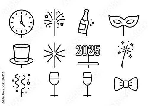 New Year Icon Set. Outline icon set of New Year’s Eve cake toppers: clock, fireworks, champagne bottle, party