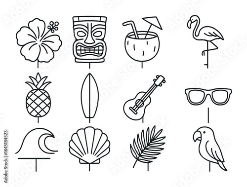 Tropical Cake Toppers. Outline icon set of tropical birthday cake toppers: hibiscus, tiki mask, coconut drink,