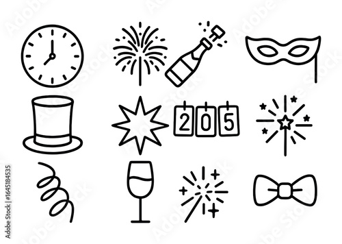New Year Icon Set. Outline icon set of New Year’s Eve cake toppers: clock, fireworks, champagne bottle, party