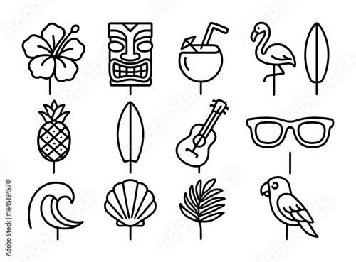 Tropical Cake Toppers. Outline icon set of tropical birthday cake toppers: hibiscus, tiki mask, coconut drink,