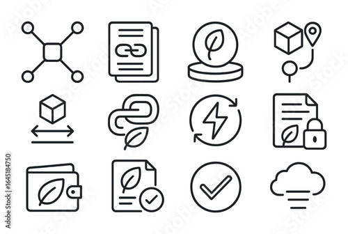 Blockchain Sustainability Icons. Outline icon set of blockchain for sustainability: blockchain node, digital