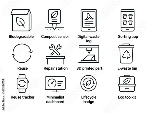 Zero-Waste Tech Icons. Outline icon set of zero-waste tech solutions: biodegradable package, compost sensor,