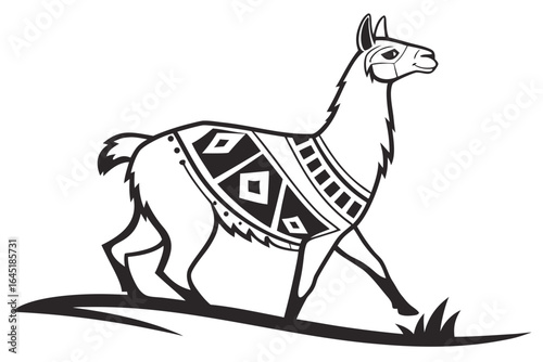 Black and white illustration of a llama with a patterned blanket on white