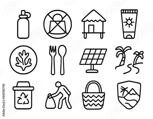 Eco-Tourism Icons Collection. Outline icon set of eco-tourism at tropics: reusable water bottle, no plastic