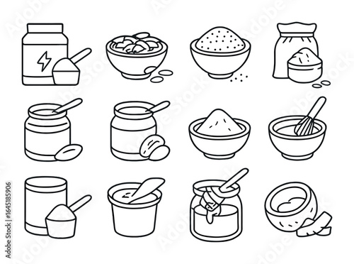 Smoothie Add-ins Icons. Outline icon set of healthy smoothie add-ins: protein powder, flax seeds, chia seeds,