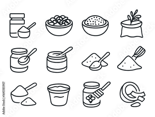 Smoothie Add-ins Icons. Outline icon set of healthy smoothie add-ins: protein powder, flax seeds, chia seeds,