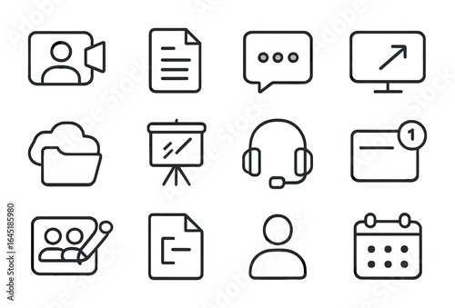 Remote Collaboration Icons. Outline icon set of remote collaboration tools: video call, shared document, team