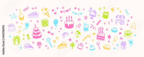 Colorful cute line doodle kids birthday background. Children celebration treats, cake with candles, donut, tea, cappuccino, candy cane. Fun confetti, bling, sparks, firework, star, twinkle scribbles