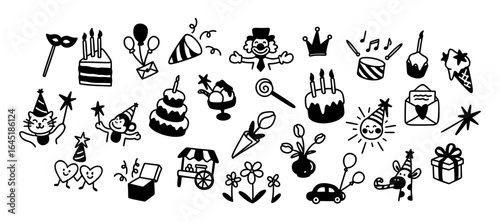 Cute line kids happy birthday doodle background. Outline hand drawn sketch icons and elements set. Party hat, balloons, celebration cake with candles, surprise gift box. Baby childish crayon scribbles
