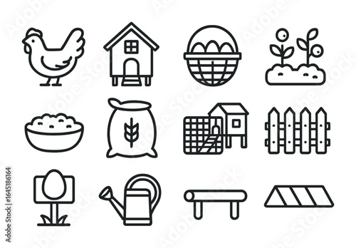 Backyard Chicken Icons. Outline icon set of backyard chicken farming: hen, small coop, egg basket, garden,