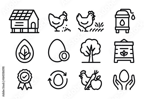 Sustainable Egg Farming Icons. Outline icon set of sustainable egg farming: solar coop, natural feed, pasture