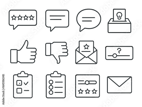 Feedback Icon Set. Outline icon set of feedback forms: star rating, comment field, opinion bubble, suggestion