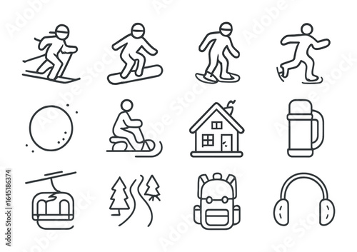Winter Activities Icons. Outline icon set of outdoor activities in winter: skiing, snowboarding, snowshoe, ice