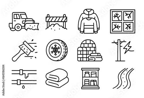 Snowstorm Essentials Icons. Outline icon set of life during a snowstorm: snowplow, blocked road, layered