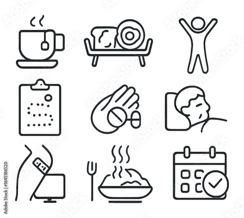 Daily Care Icons. Outline icon set of daily caregiving routine: morning tea, breakfast tray, stretch pose,