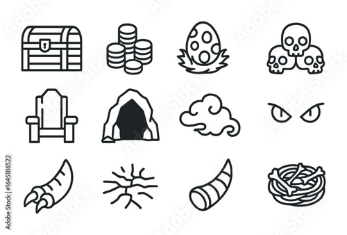 Dragon's Lair Icons. Outline icon set of dragon’s lair: treasure chest, gold coins, dragon egg, skull pile,
