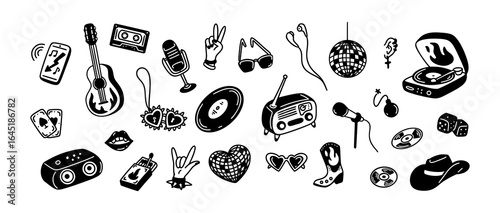 Hand drawn vintage doodle music background. Retro style bachelorette, birthday girly party. Vinyl player, guitar, radio drawing. Disco and karaoke club poster design. Rock, punk, jazz concert festival