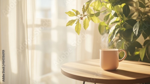 Warm sunlight streams through a window, illuminating a light pink mug of steaming coffee on a wooden table next to a potted plant