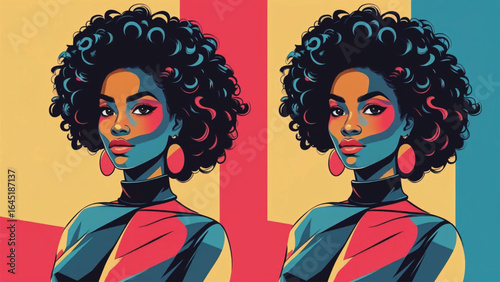 Vector portrait poster illustration afro black woman pose sideways curly hairstyle avatar for social media Ai Generate
