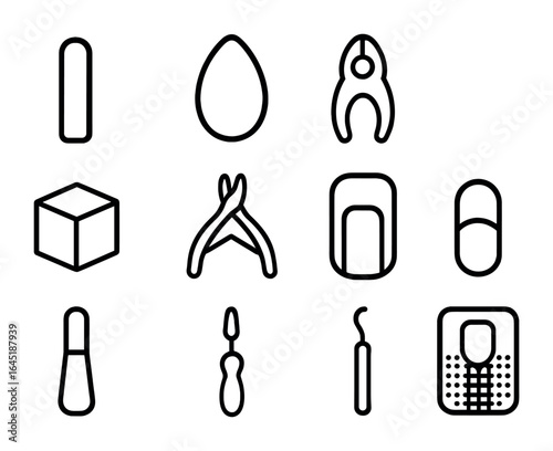 Nail Tools Icon Set. Outline icon set of nail shaping tools: square file, round file, almond stencil, oval