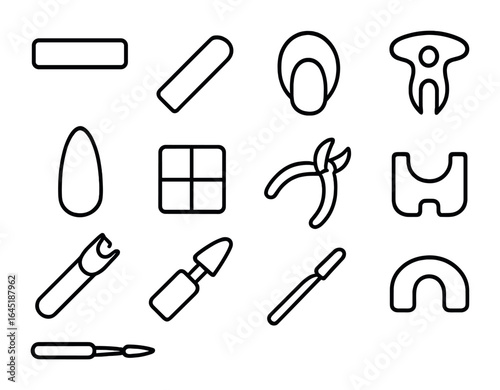 Nail Tools Icon Set. Outline icon set of nail shaping tools: square file, round file, almond stencil, oval